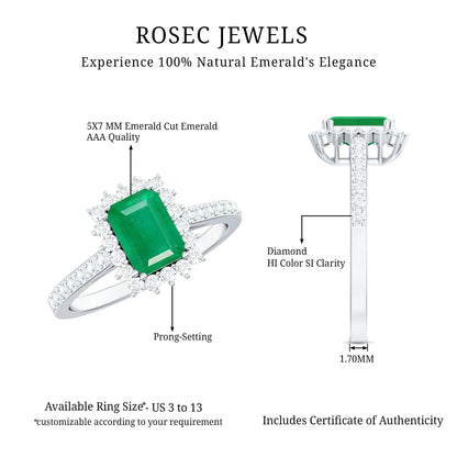 Natural Emerald Cut Emerald Engagement Ring with Diamond Halo