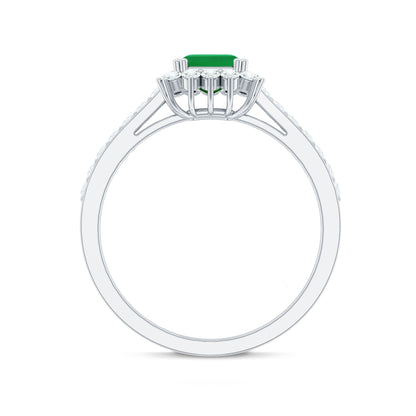 Natural Emerald Cut Emerald Engagement Ring with Diamond Halo