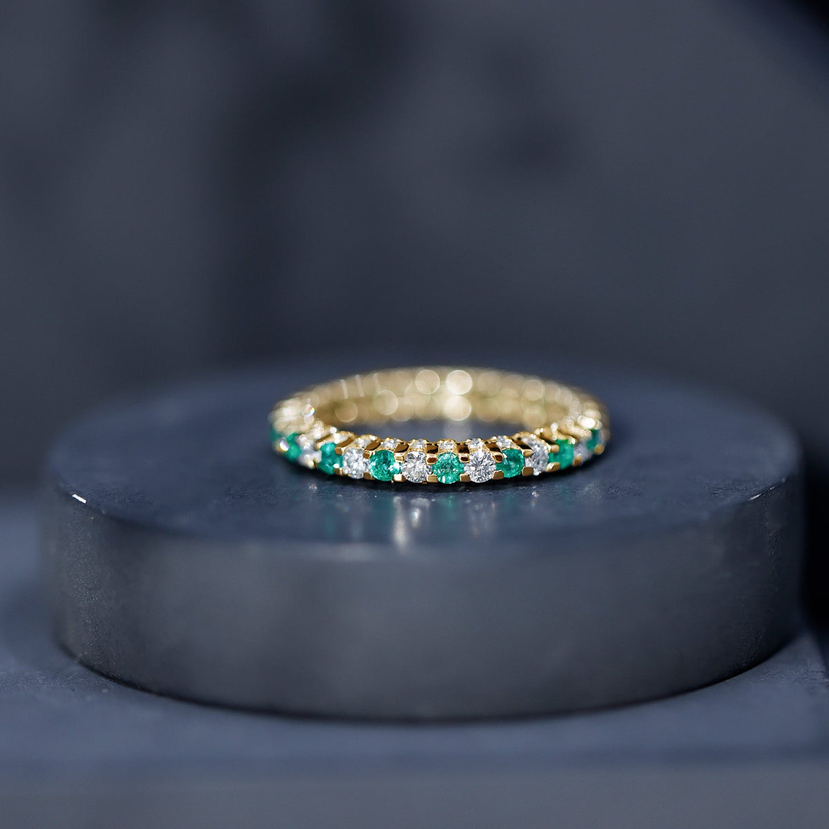 Alternate Round Emerald and Diamond Eternity Stackable Ring