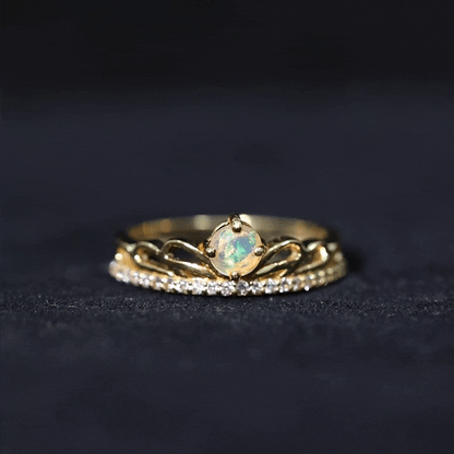 Natural Ethiopian Rainbow Opal Crown Promise Ring with Diamond