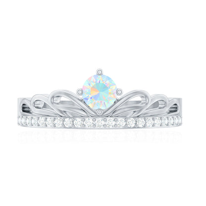 Natural Ethiopian Rainbow Opal Crown Promise Ring with Diamond