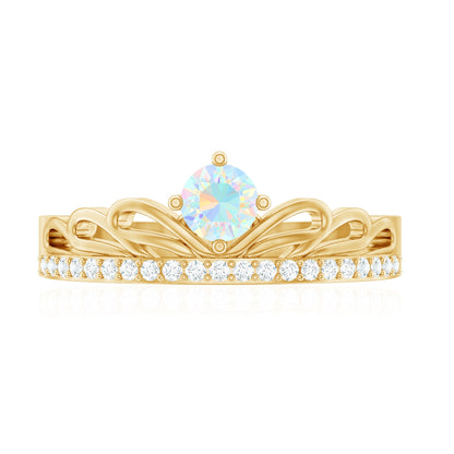 Natural Ethiopian Rainbow Opal Crown Promise Ring with Diamond