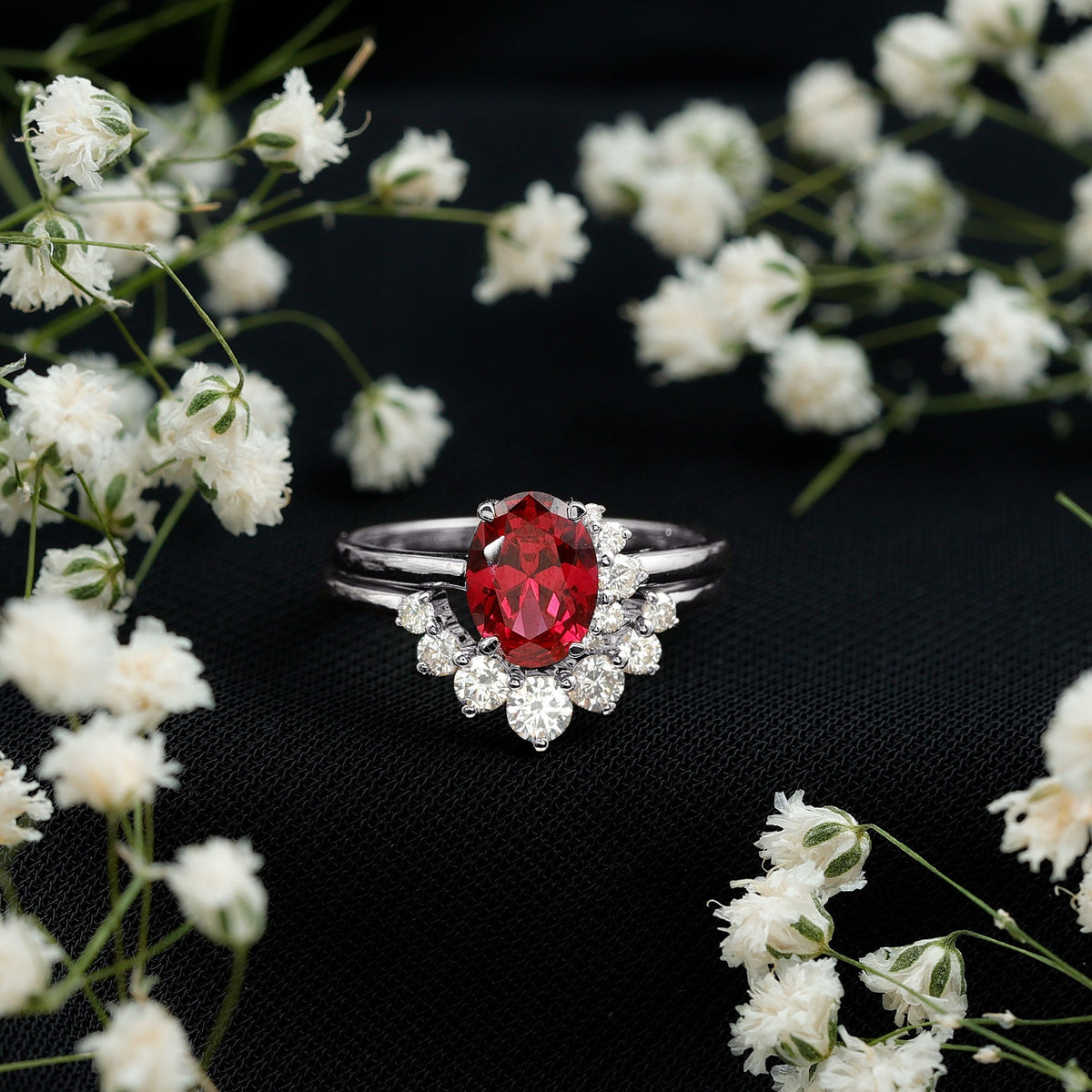 Oval Created Ruby Solitaire Wedding Ring Set with Diamond