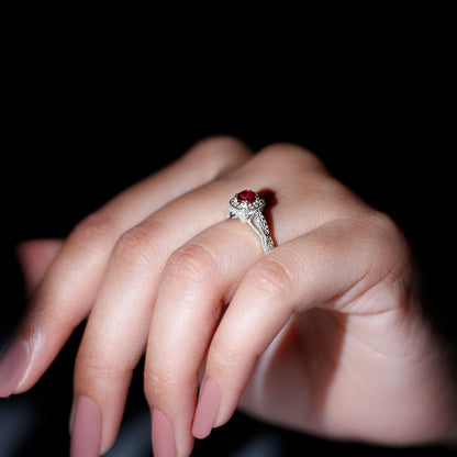 Vintage Inspired Round Created Ruby Engagement Ring with Diamond Halo