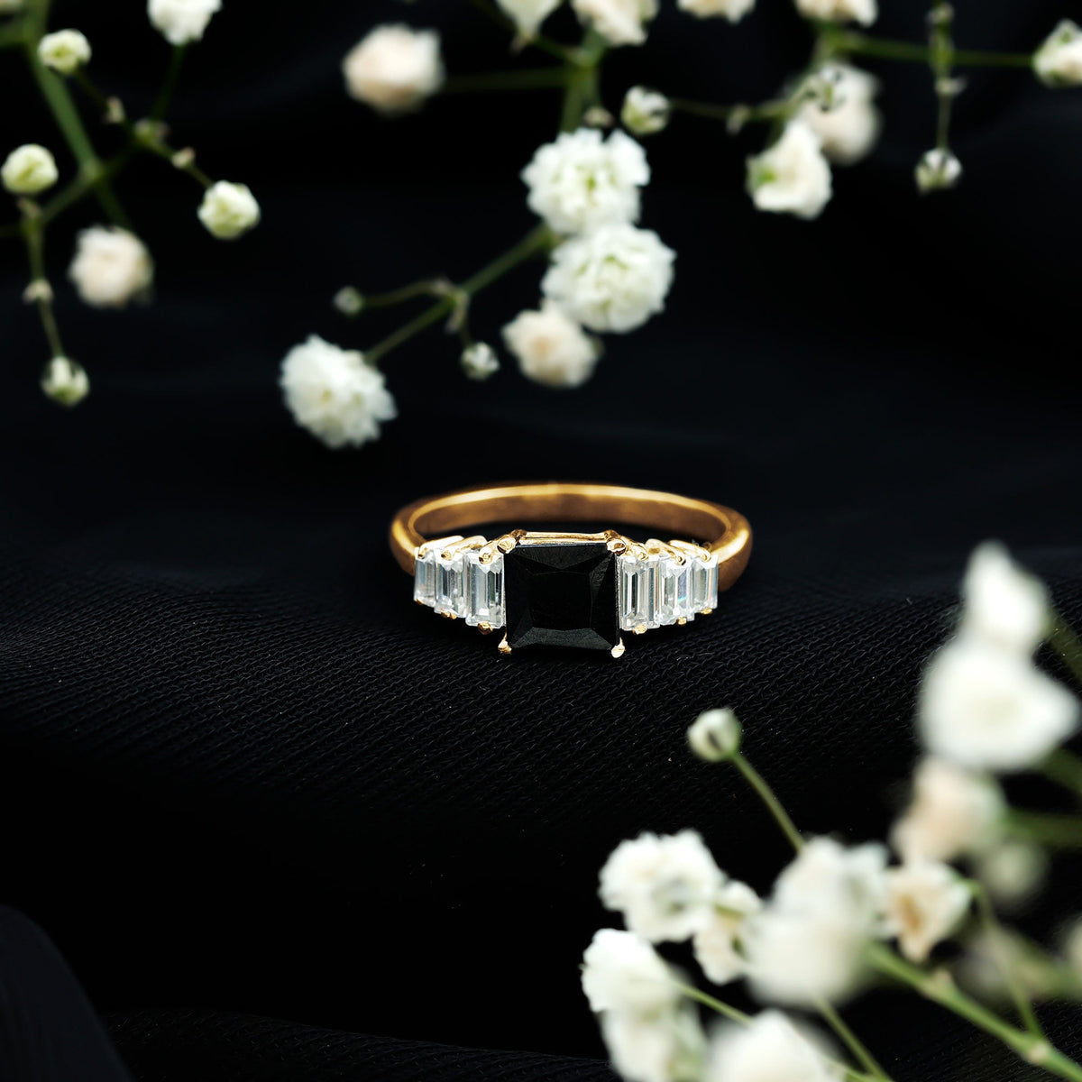 Asscher Cut Black Onyx Engagement Ring with Baguette Moissanite