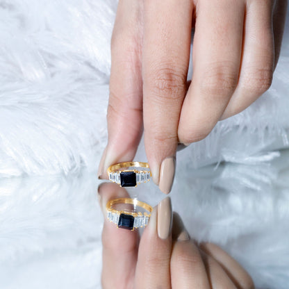 Asscher Cut Black Onyx Engagement Ring with Baguette Moissanite