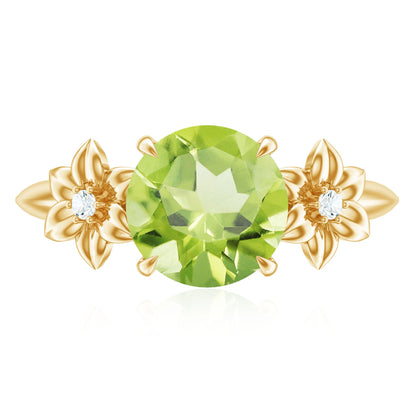 Natural 2 Carat Peridot Flower Engagement Ring with Diamond