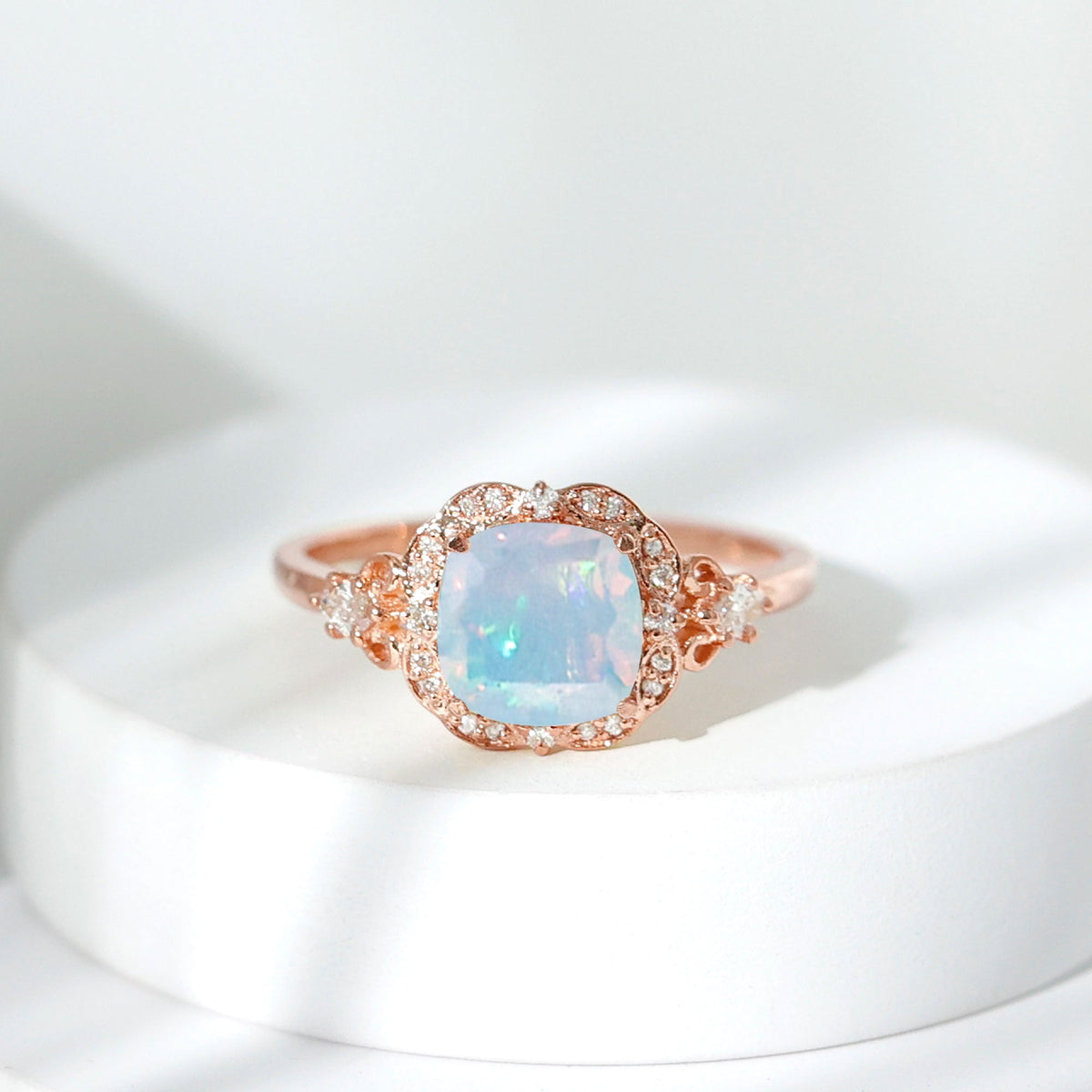 Real Cushion Cut Ethiopian Opal Antique Looking Engagement Ring with Diamond