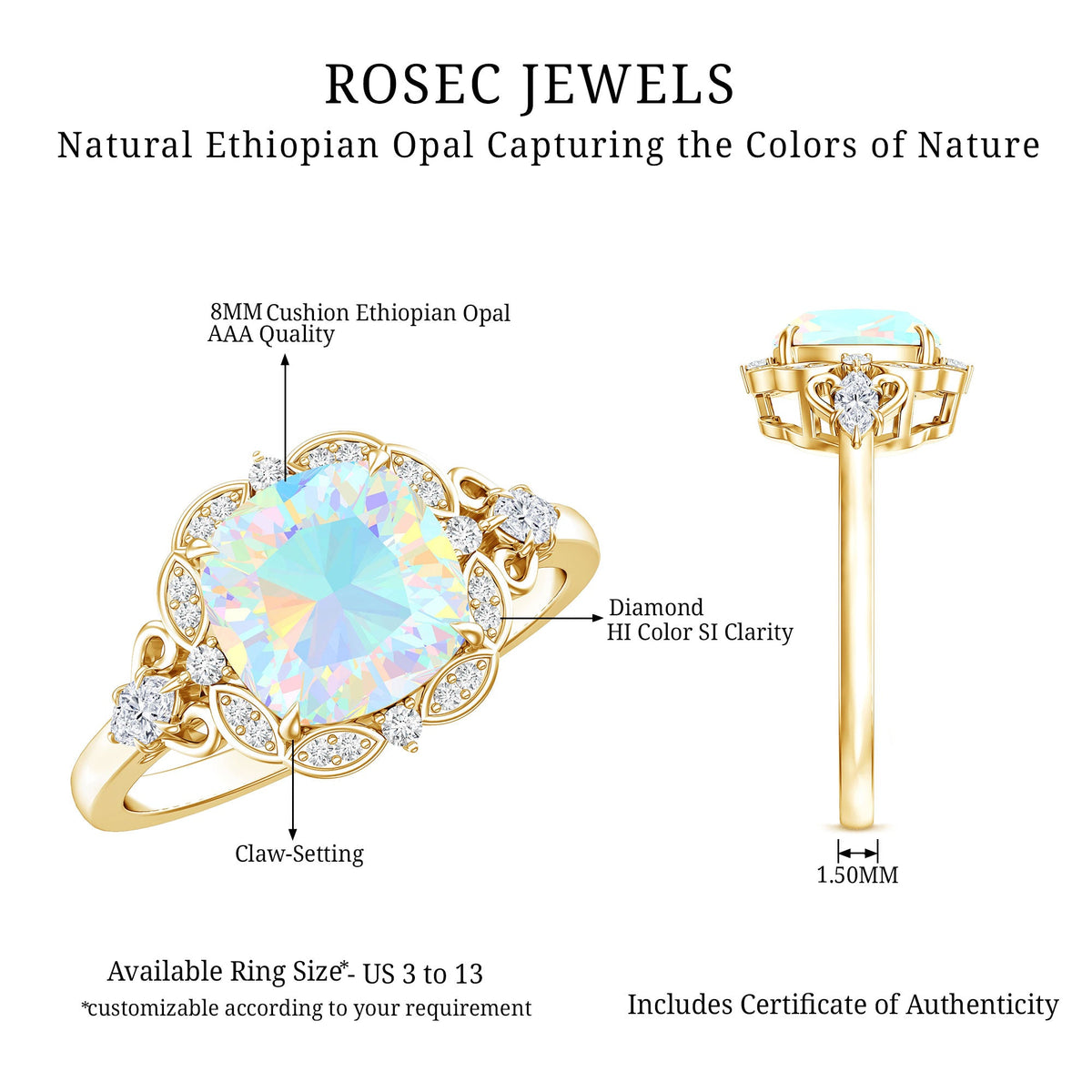 Real Cushion Cut Ethiopian Opal Antique Looking Engagement Ring with Diamond