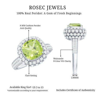 Antique Style 2 Carat Cushion Cut Peridot Engagement Ring with Moissanite Halo
