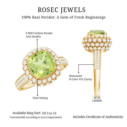 Antique Style 2 Carat Cushion Cut Peridot Engagement Ring with Moissanite Halo