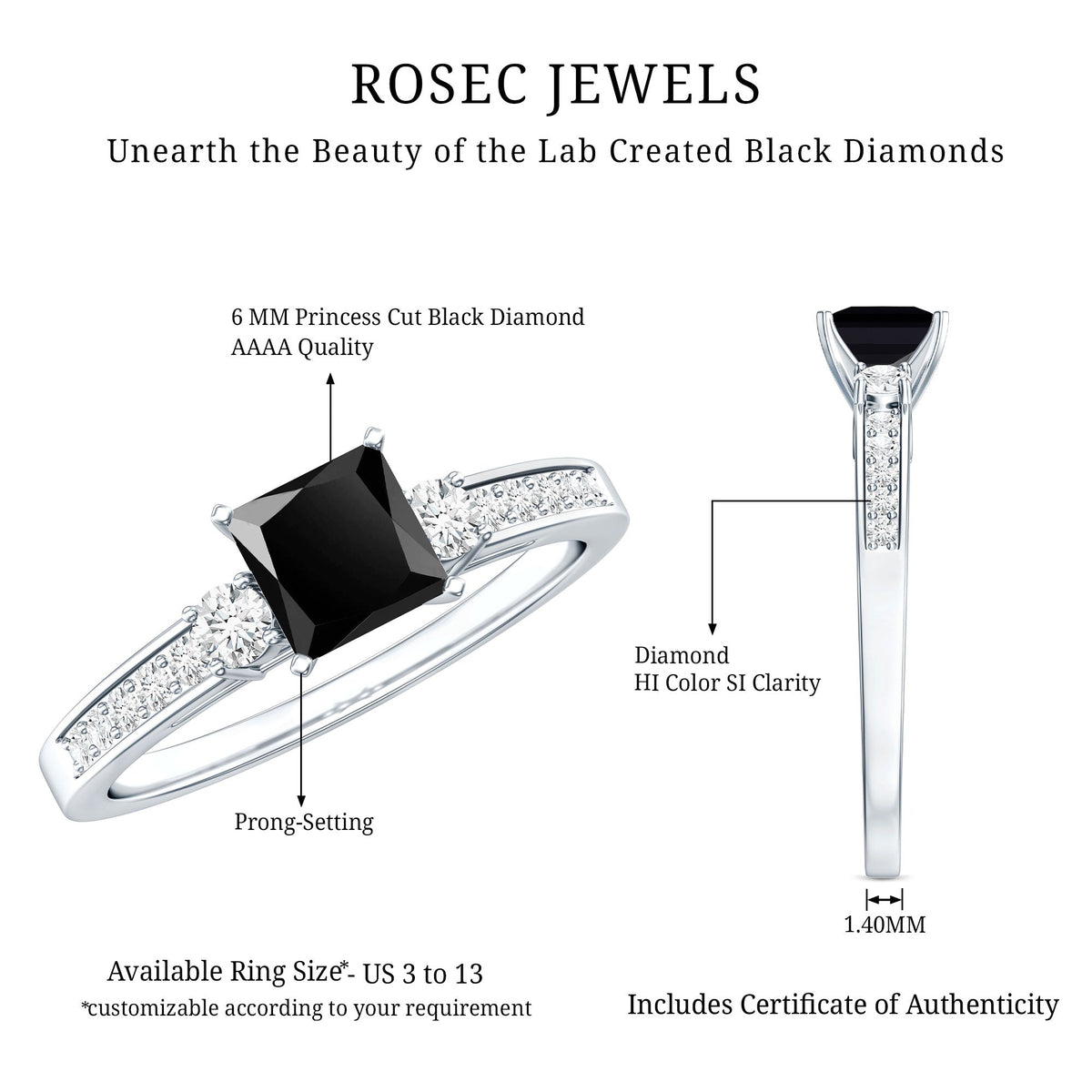 Certified 1 Carat Lab Grown Black and White Diamond Princess Cut Engagement Ring
