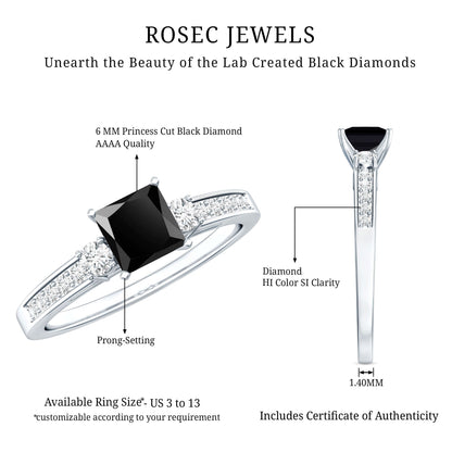 Certified 1 Carat Lab Grown Black and White Diamond Princess Cut Engagement Ring