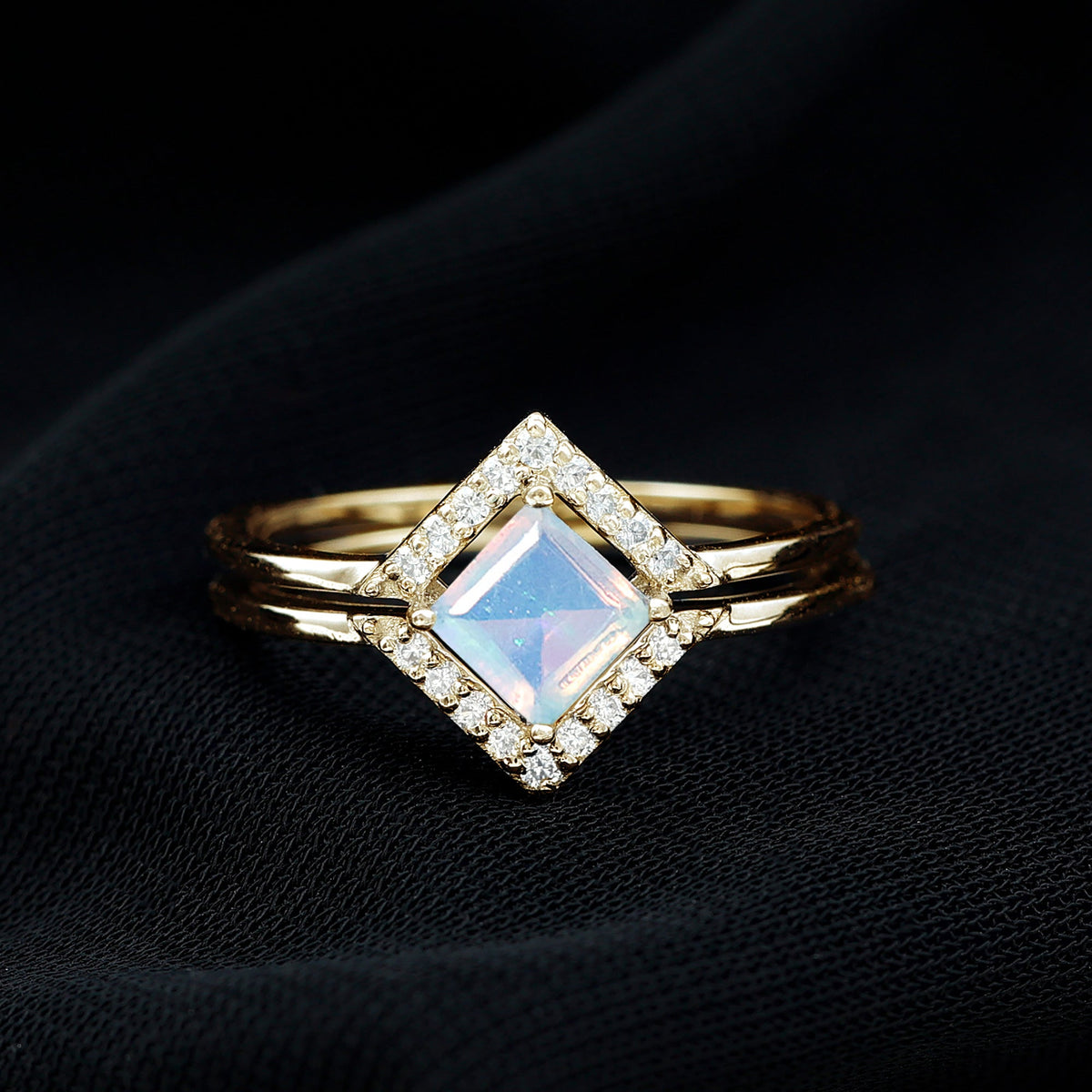 Natural Princess Cut Ethiopian Opal Engagement Ring with Diamond Enhancer