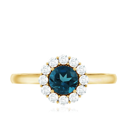 Certified London Blue Topaz and Diamond Halo Engagement Ring