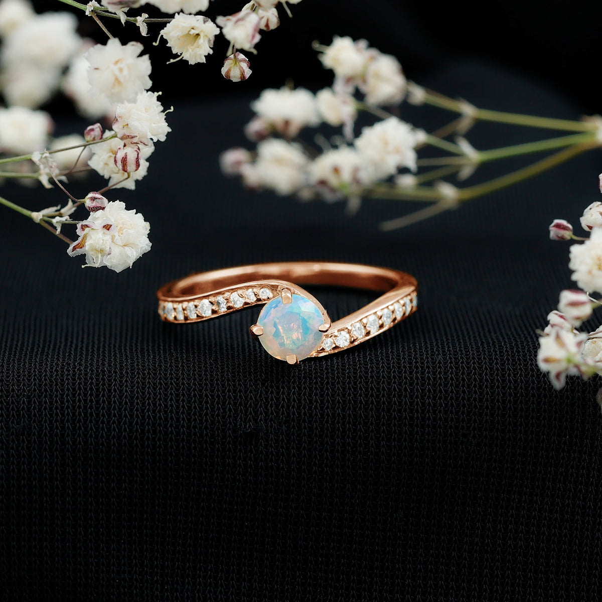Natural Certified Ethiopian Opal Solitaire Promise Ring with Bypass Shank