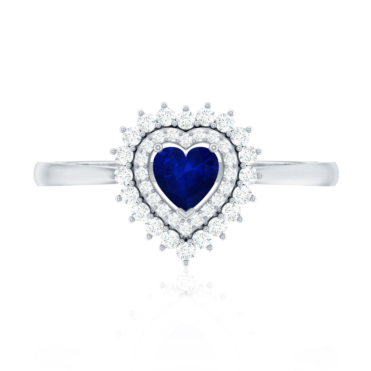 Real 0.6 Carat Heart Shaped Blue Sapphire and Diamond Double Halo Engagement Ring