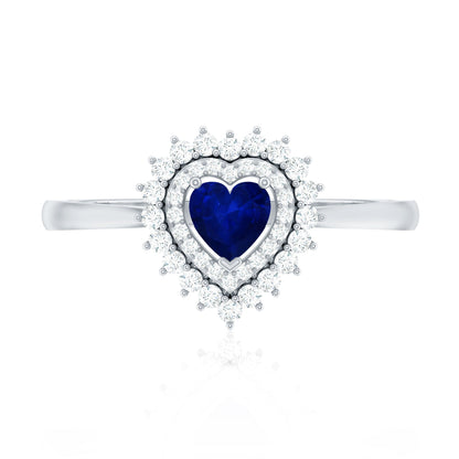 Real 0.6 Carat Heart Shaped Blue Sapphire and Diamond Double Halo Engagement Ring