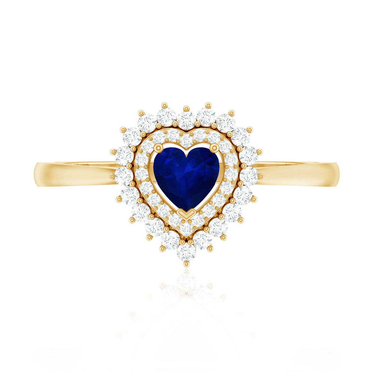 Real 0.6 Carat Heart Shaped Blue Sapphire and Diamond Double Halo Engagement Ring