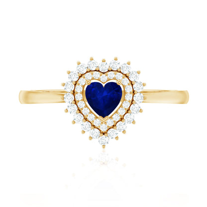 Real 0.6 Carat Heart Shaped Blue Sapphire and Diamond Double Halo Engagement Ring