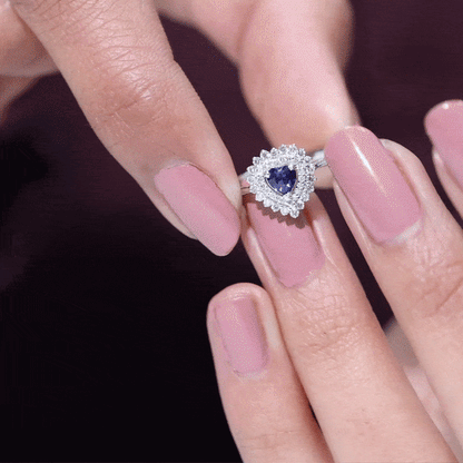 Certified Lab Grown Blue Sapphire Heart Engagement Ring with Diamond Double Halo