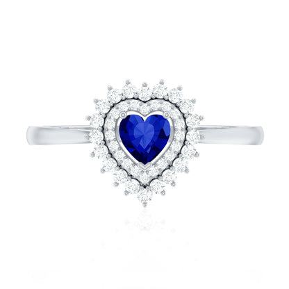 Certified Lab Grown Blue Sapphire Heart Engagement Ring with Diamond Double Halo