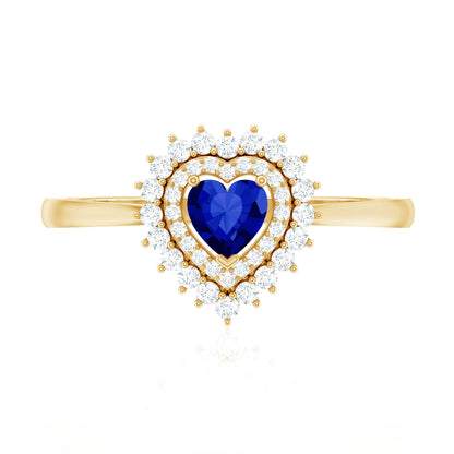 Certified Lab Grown Blue Sapphire Heart Engagement Ring with Diamond Double Halo