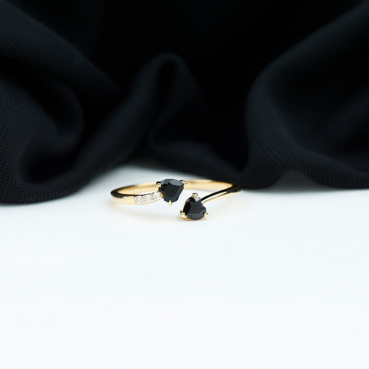 Genuine Black Onyx Double Heart Promise Ring with Diamond