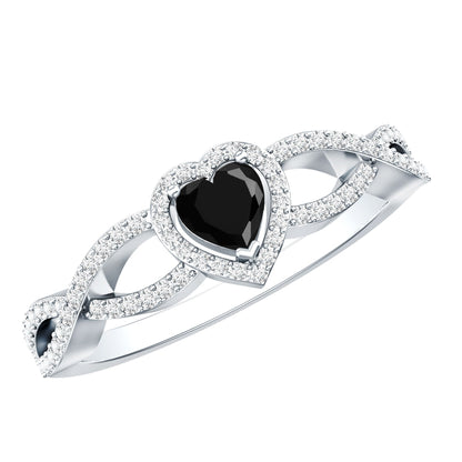 0.6 Carat Lab Grown Black and White Diamond Heart Engagement Ring with Crossover Shank