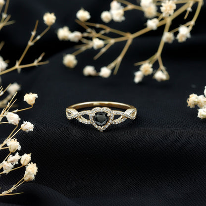 0.6 Carat Lab Grown Black and White Diamond Heart Engagement Ring with Crossover Shank