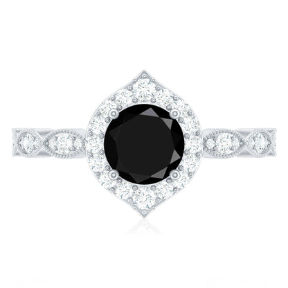Vintage Black Spinel Engagement Ring with Diamond Halo