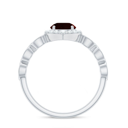 Vintage Looking Garnet Engagement Ring with Diamond Halo