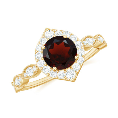 Vintage Looking Garnet Engagement Ring with Diamond Halo