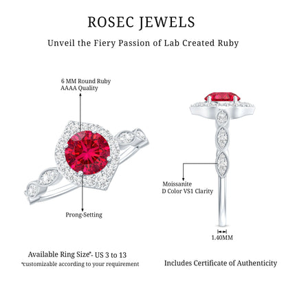 Vintage Style 1.3 Carat Lab Grown Ruby Engagement Ring with Diamond