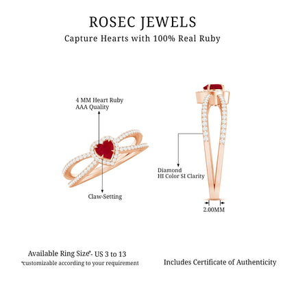 Natural Ruby Heart Engagement Ring with Diamond Split Shank