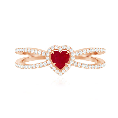 Natural Ruby Heart Engagement Ring with Diamond Split Shank