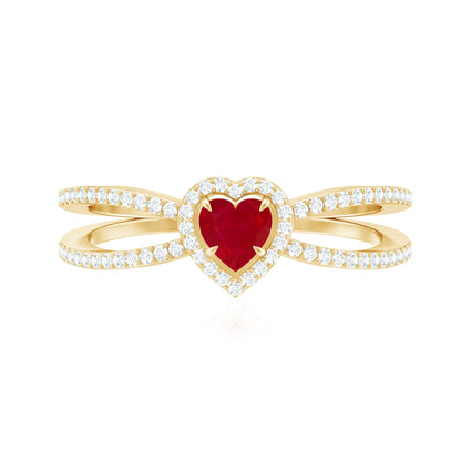 Natural Ruby Heart Engagement Ring with Diamond Split Shank