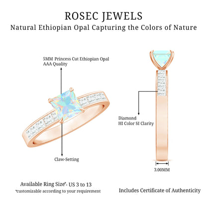 Certified Real Ethiopian Opal Princess Cut Engagement Ring with Diamond