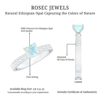 Certified Real Ethiopian Opal Princess Cut Engagement Ring with Diamond