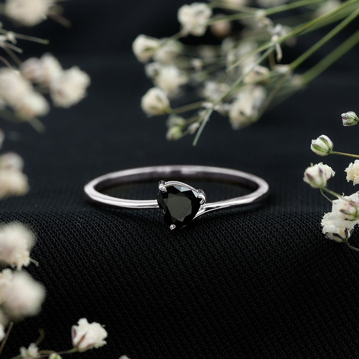 Natural Black Spinel Heart Promise Ring in East West Style