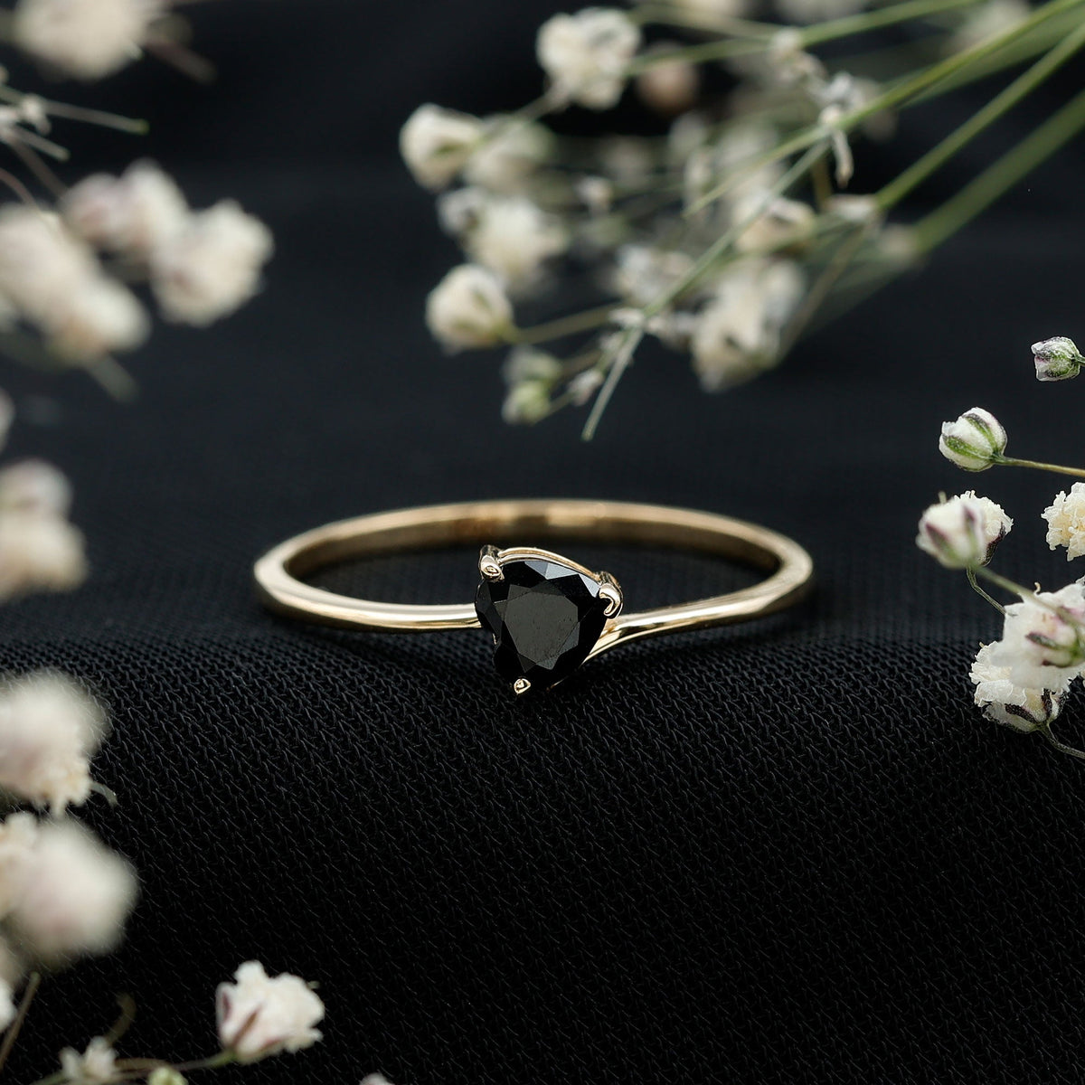Natural Black Spinel Heart Promise Ring in East West Style
