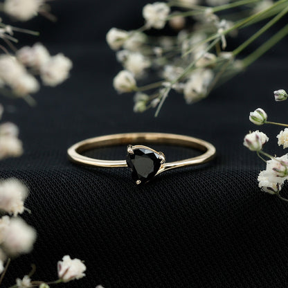 Natural Black Spinel Heart Promise Ring in East West Style