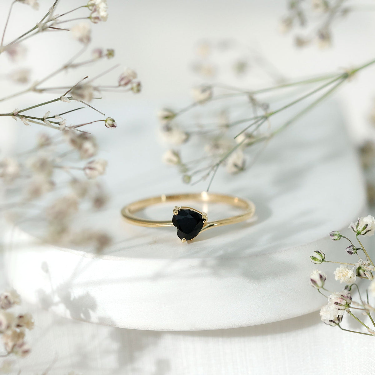 Natural Black Spinel Heart Promise Ring in East West Style