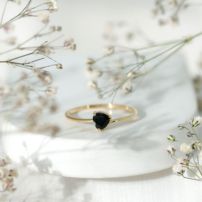 Natural Black Spinel Heart Promise Ring in East West Style