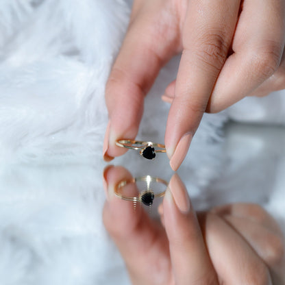 Natural Black Spinel Heart Promise Ring in East West Style