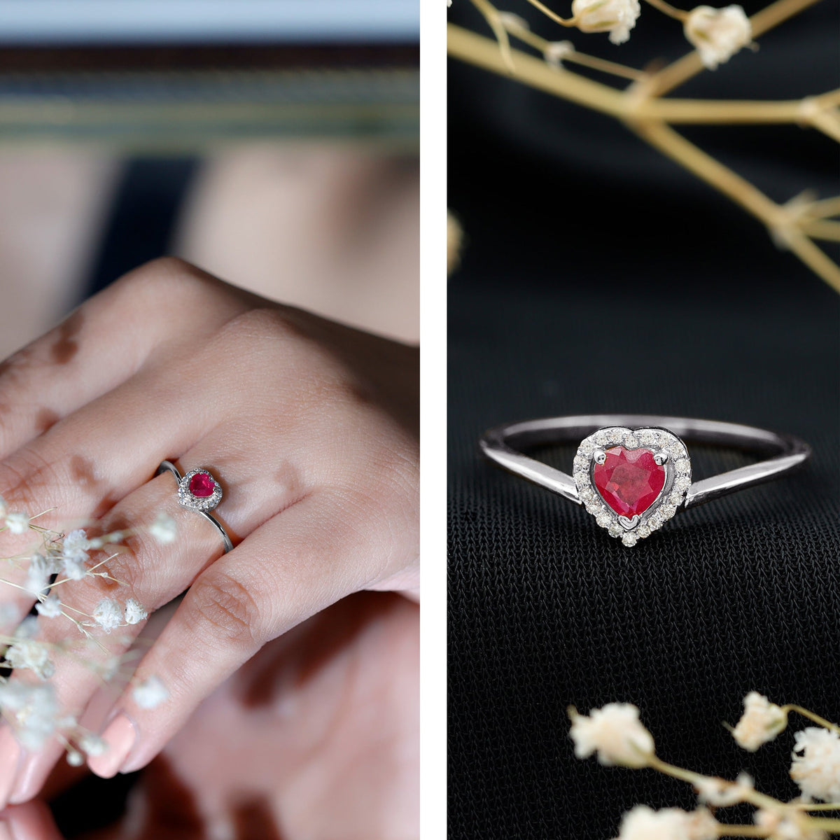 Genuine Half Carat Ruby Heart Promise Ring with Diamond Halo