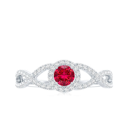 Criss Cross Shank Created Ruby and Diamond Halo Engagement Ring