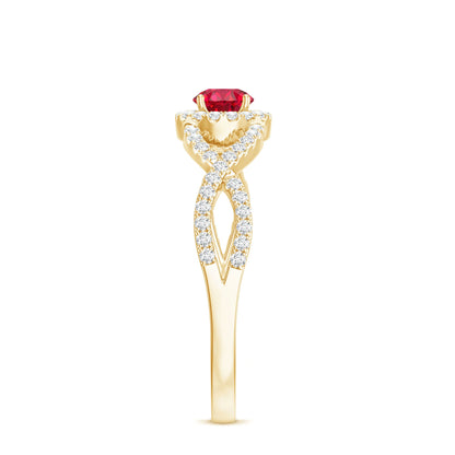 Criss Cross Shank Created Ruby and Diamond Halo Engagement Ring