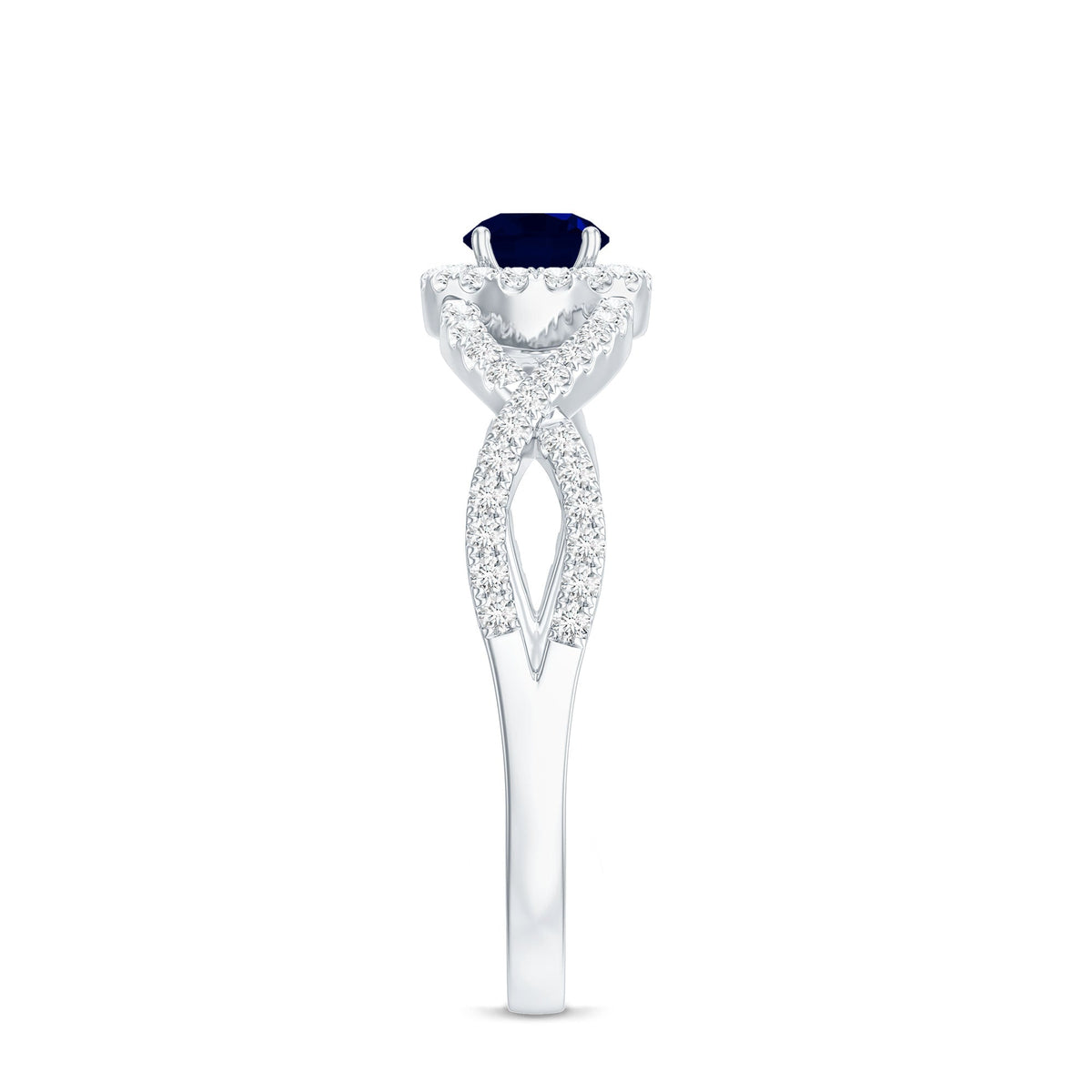 Criss Cross Shank Blue Sapphire and Diamond Halo Engagement Ring