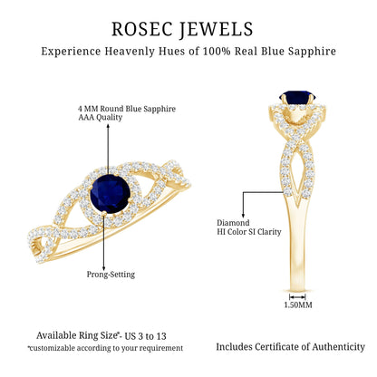 Criss Cross Shank Blue Sapphire and Diamond Halo Engagement Ring